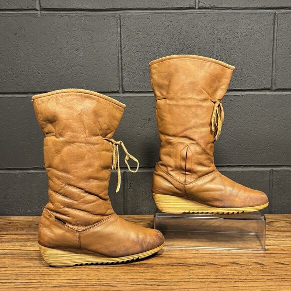 70’s Vintage Glov-ett by Dodson Brown Flip Down Wedge Boots Women’s 7 USA Made - Picture 1 of 8